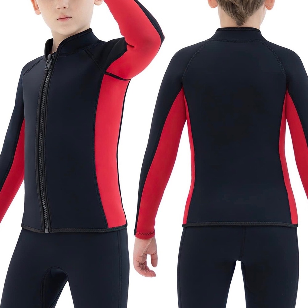 REALON Wetsuit Top Kids Size 4 Black Red Excellent 3mm Neoprene Front Zip Jacket